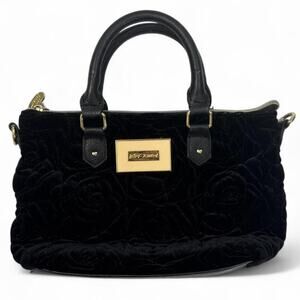 Betsey Johnson Women’s Black Quilted Rose Velvet Satchel Handbag